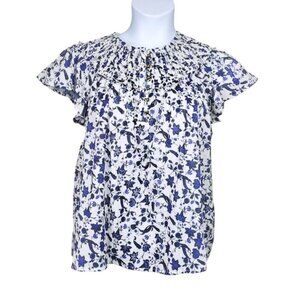Anthropologie Womens Blue Floral Print Smocked Ruffle Blouse Size L